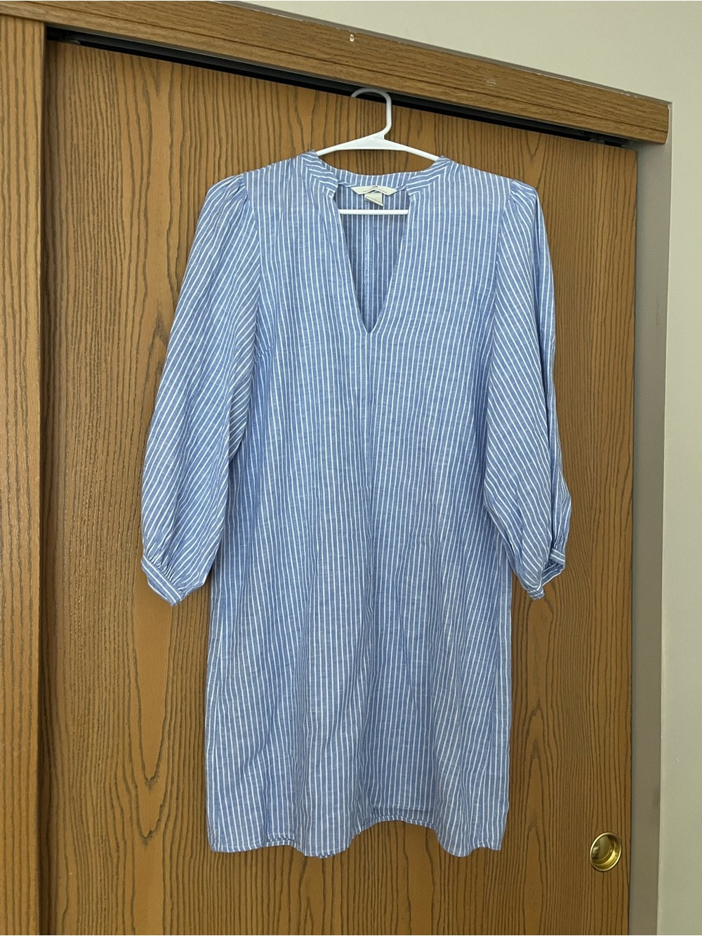 Women’s H&M Blue & White Striped Linen Blend V-Neck Tunic Mini Dress 3/4 Sleeves
